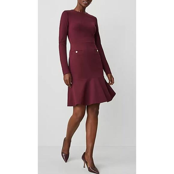 NWOT Ann Taylor Fit & Flare Dress Burgundy Crew Neck Long Sleeve Officewear 10 - Picture 3 of 5